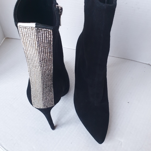Steve Madden Wagu Black Suede Mid Calf Stiletto Booties w/ Rhinestone Back 7.5 - Picture 16 of 17
